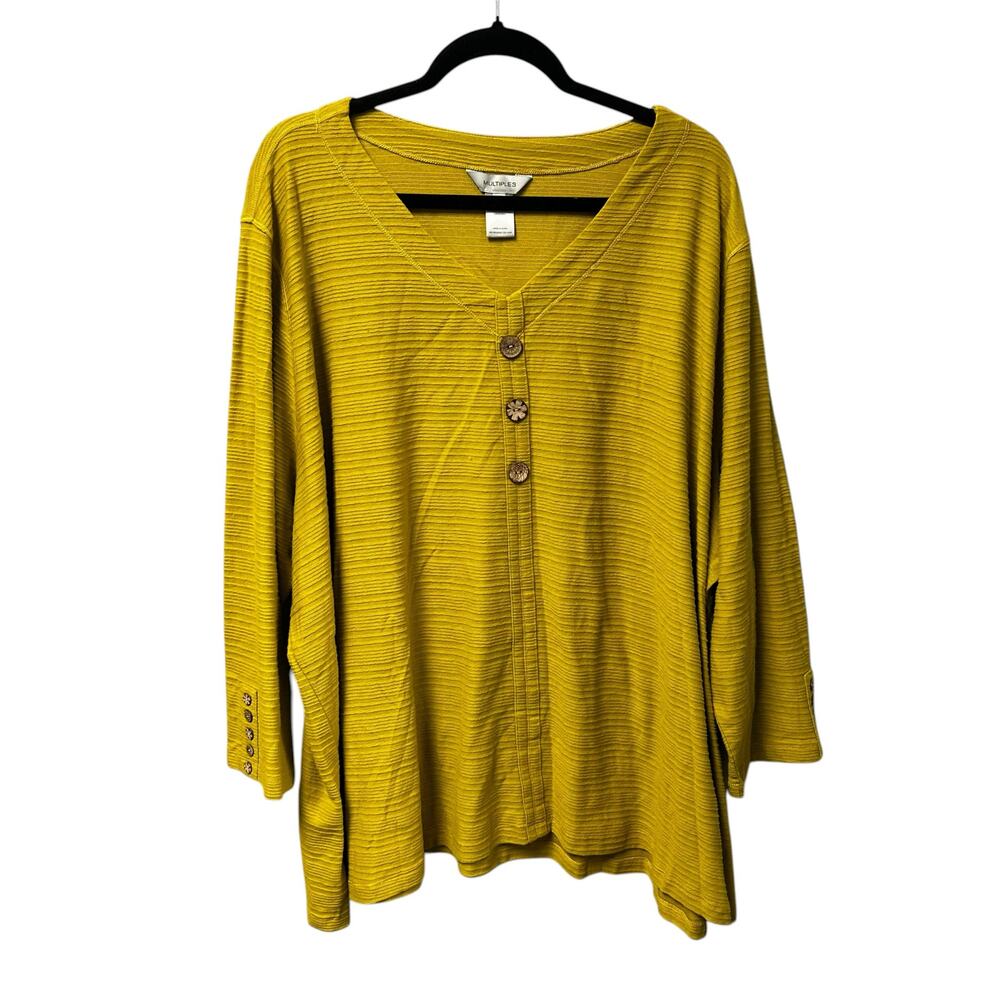 NWT Multiples Citron Yellow Pure Cotton Button V Neck Textured Top Womens 3X